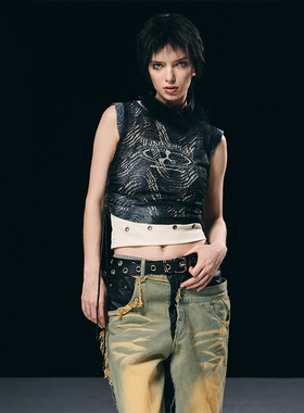 BORON ATOMS 原创两件套网洞肌理扎染印花抽褶背心黑色修身上衣