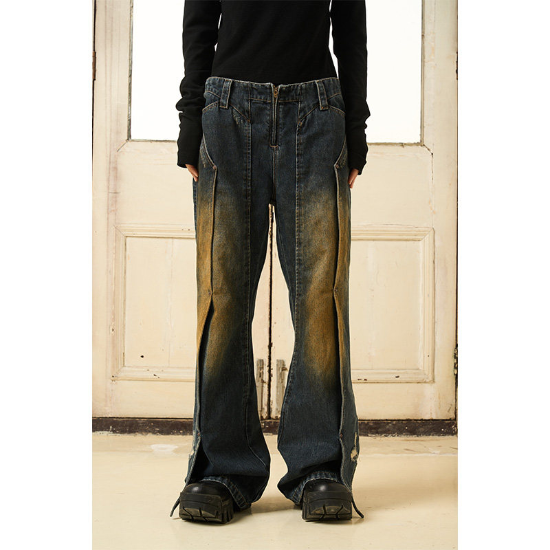 BORON ATOMS 23SS飞扁分割设计撞钉牛仔洗水喇叭长裤