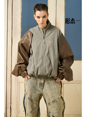 BORON ATOMS 23SS拼接袖肌理双拉链设计立领夹克外套