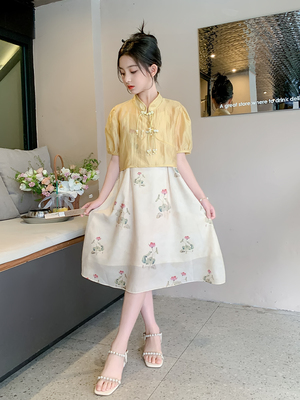 女童夏季古风中式吊带连衣裙套装