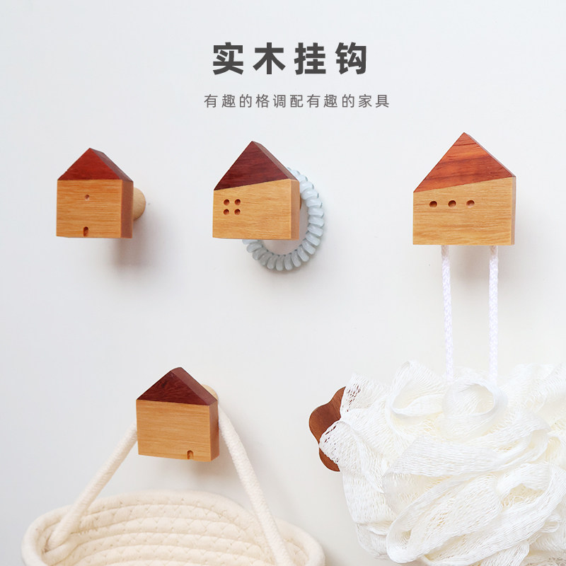 北欧实木挂钩创意玄关墙上壁挂衣帽钩儿童房可爱粘钩免打孔挂衣架图片