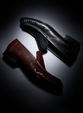 PrettyRiver手工鳄鱼压纹尖头褶皱乐福鞋女复古老钱小皮鞋单鞋女