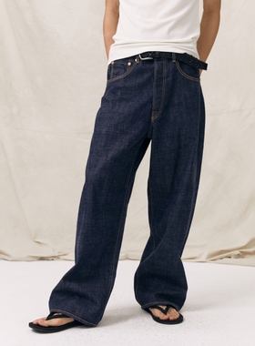 PrettyRiver高腰红边布原色牛仔长裤男士阔腿裤丹宁牛仔深色裤子