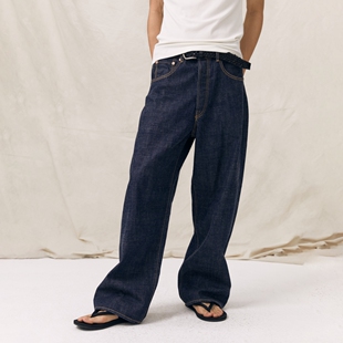 PrettyRiver高腰红边布原色牛仔长裤男士阔腿裤丹宁牛仔深色裤子