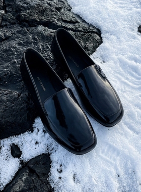 PrettyRiver开边珠牛皮薄底乐福鞋女黑色极简百搭小皮鞋方头单鞋