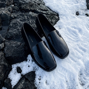 方头单鞋 PrettyRiver开边珠牛皮薄底乐福鞋 女黑色极简百搭小皮鞋