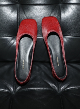 PrettyRiver法式优雅真皮马毛玛丽珍鞋红色浅口芭蕾舞鞋单鞋女