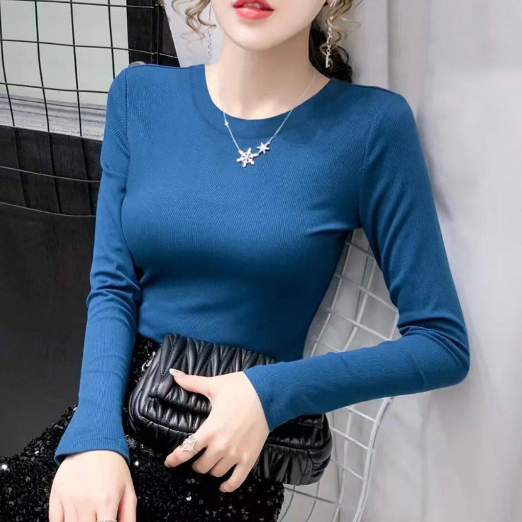 欧货螺纹纯色长袖T恤打底衫女秋百搭修身显瘦柔软棉针织衫常规袖