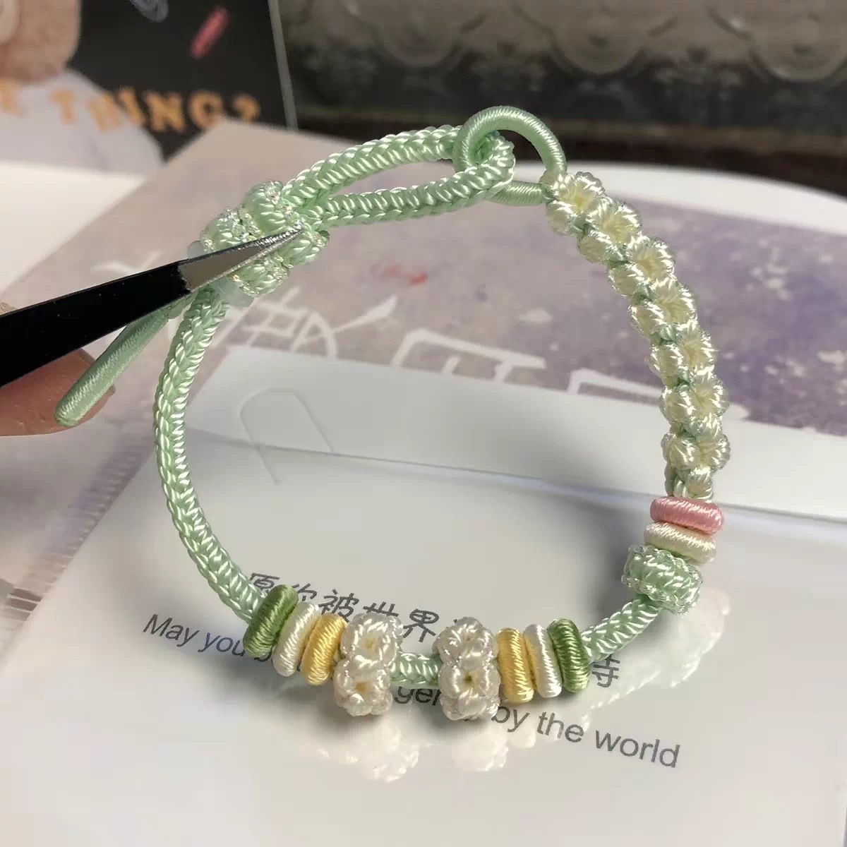 手工编织酒窝结桃花编绳手链穿黄金银饰转运珠可爱红绳双联结