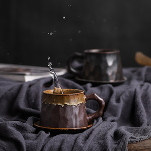 杯碟套装 粗陶手冲咖啡杯手工日式 复古家用艺术杯创意简约陶瓷