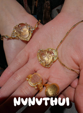 新中式点钻18K金佛公戒指手链套装 冰透水沫玉佛公项链 生日礼物