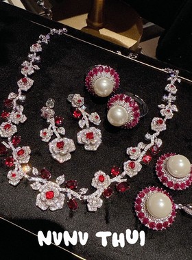 复古山茶花红宝石花藤奢华新娘项链 璀璨名媛晚宴玫瑰花锆石耳环