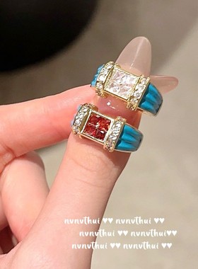 轻奢复古玛利亚蓝锆石宴会戒指 设计师镀18K金几何气质锆石女戒
