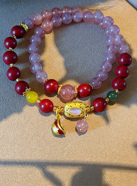 民族风新款天然草莓晶合香珠手链 复古天然石元宝吊坠双层手串女