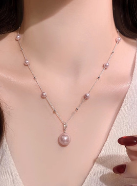 曼塔玫瑰色气质珍珠高级感项链 轻奢小众锁骨链 法式珍珠吊坠颈链