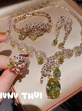 意大利高定复古猎豹璀璨宝石新娘项链名媛宴会黄萤石豹子手链套装