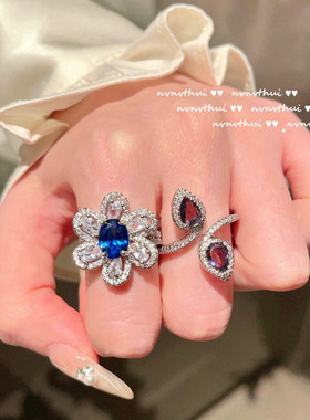 马达加斯加蓝矢车菊宝石戒指 气质简约镀18K金坦桑锆石马蹄莲指环