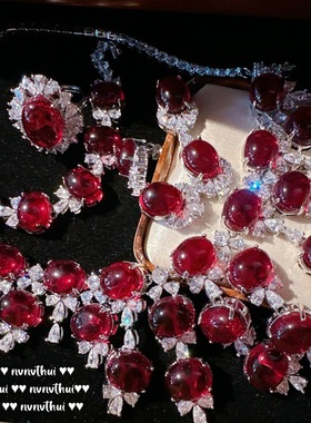 贵妇鸽血红气质宴会超闪麦穗锆石项链 古董感镀18K金石榴花朵手链