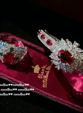 轻奢复古莫奈花园石榴红宝石手镯 镀18K金贵妇胭脂红锆石花朵戒指