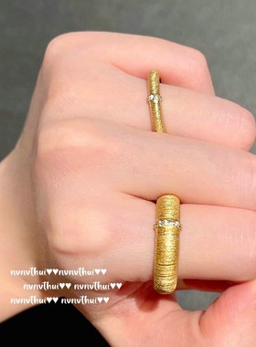 轻奢复古弧形拉丝开口可调节戒指中古风优雅手工微镶气质百搭女戒