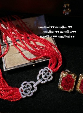 富贵红猫眼山茶花复古宝石项链女 镀18K金2024新年红锆石年会耳环