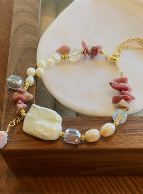 轻奢民族风不规则玫瑰石手链 淡水珍珠气质可抽拉碎石手串女饰品