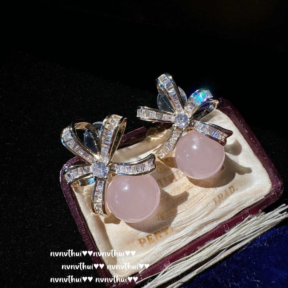 公主粉花藤气质玛瑙名媛宝石女耳环 镀18K金海星方糖锆石珠珠耳钉