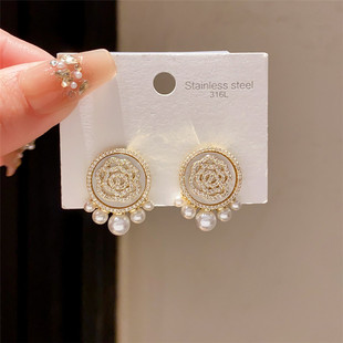 轻奢满钻银针14K真金电镀仿珍珠耳钉 名媛商务OL宴会圆形花朵耳环