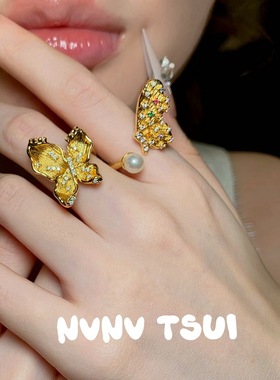 意大利复古拉丝并蒂莲花朵锆石戒指 镀18K金时尚百搭锁扣锆石女戒