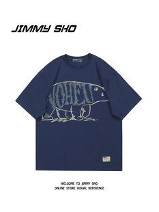 复古男女情侣装 jimmy sho北极熊简约印花夏季 oversize美式 T恤 短袖