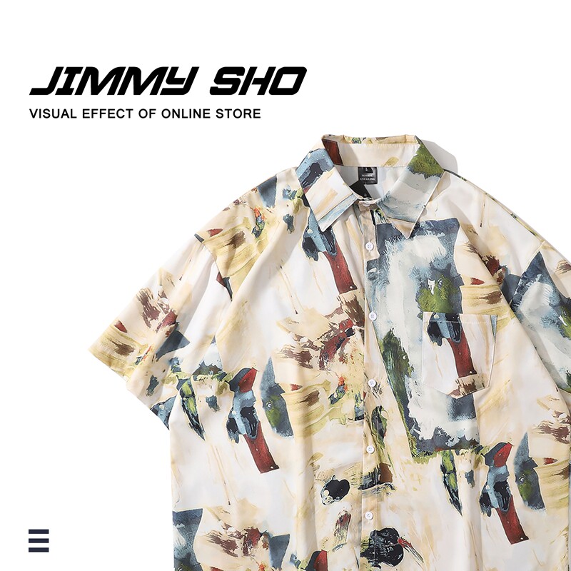 jimmy sho 欧美复古油画印花短袖衬衫男女潮街头宽松慵懒风花衬衣