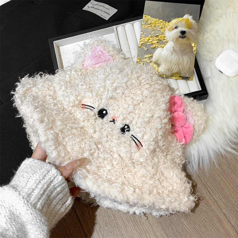 可爱猫咪毛绒渔夫帽女秋冬保暖防寒护耳盆帽显脸小卡通水桶帽子