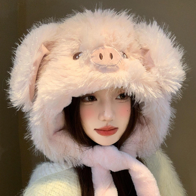 耳朵会动的小猪毛绒帽子女冬季加绒加厚保暖防寒显脸小护耳雷锋帽
