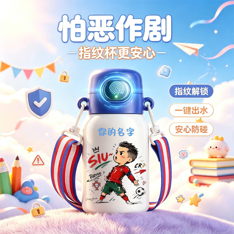 智能指纹解锁儿童保温杯C罗梅西男童吸管杯上学便携水壶防恶作剧