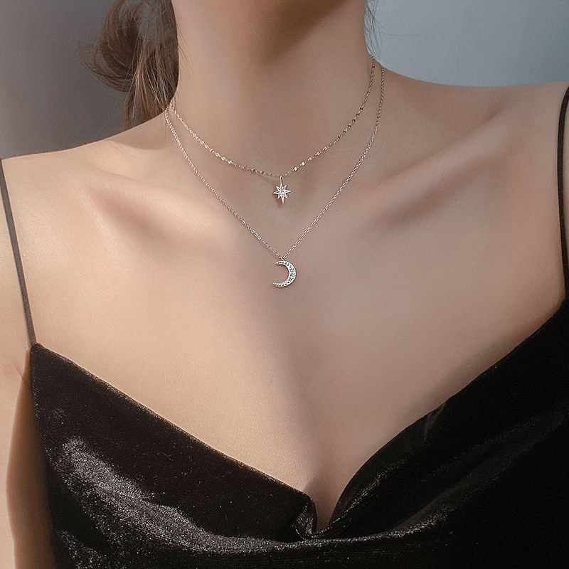 小麋人星月项链女纯银个性双层天鹅颈配饰锁骨链气质潮人时髦饰品