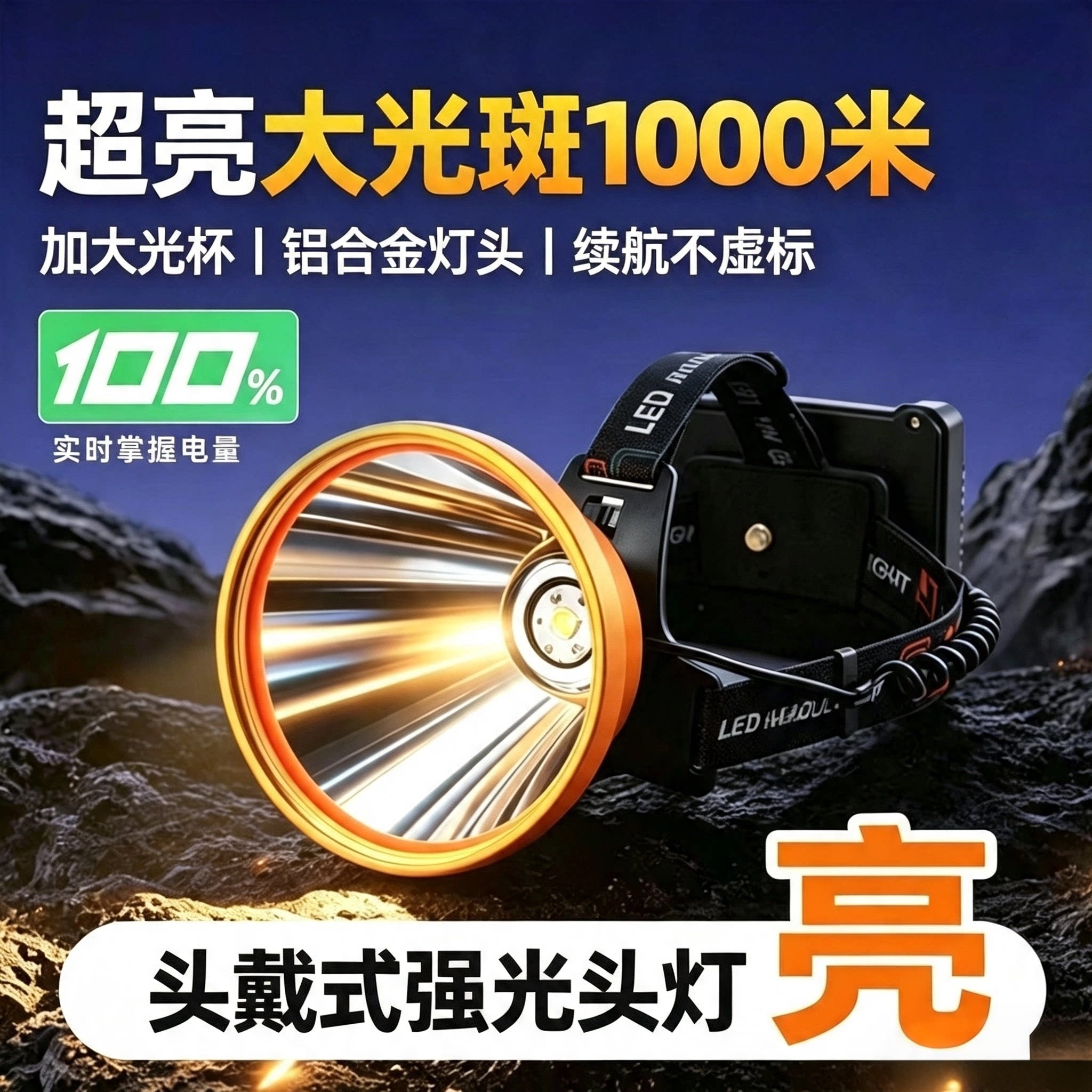 高亮度强光头灯头戴式手电筒大容量超长续航超亮远射黄光户外专用