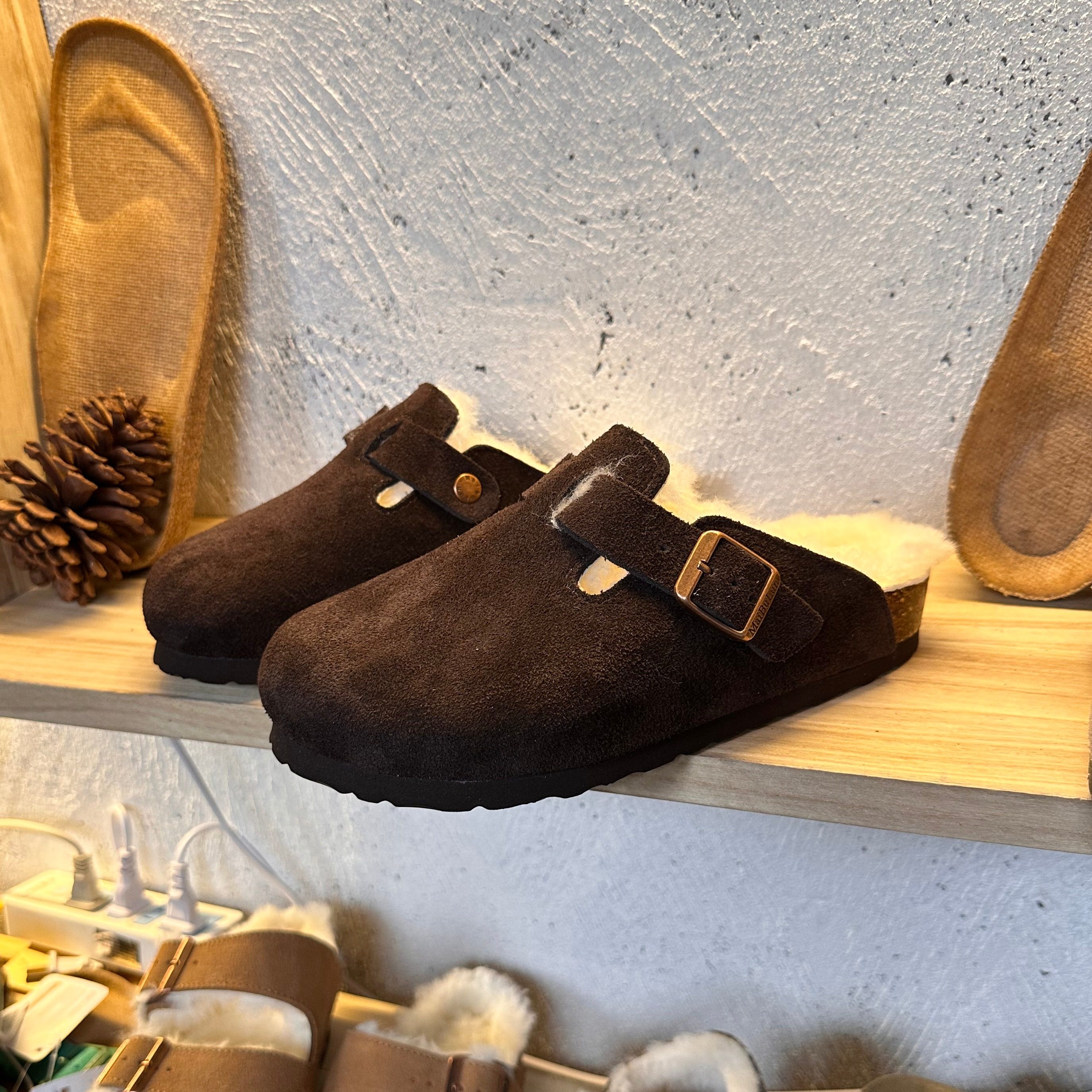 半包勃肯鞋头层牛皮羊毛一体保暖一脚蹬秋冬加绒毛毛鞋防滑平底,女鞋,包头拖,淘宝优惠券,粉丝福利购,淘宝优惠卷