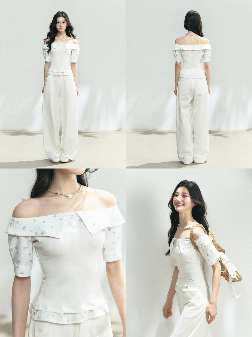 White off-shoulder floral two-piece outfit worn by a model