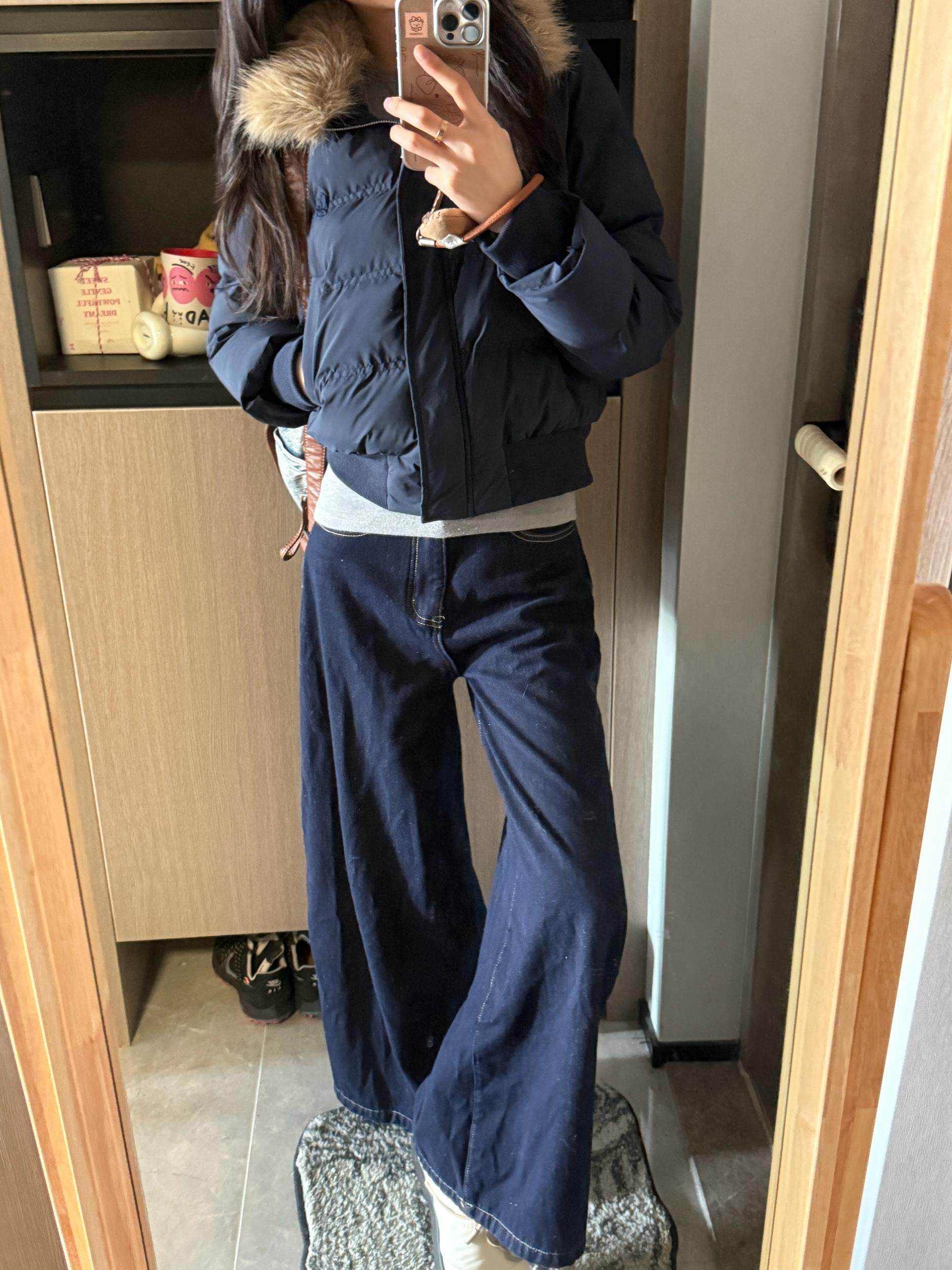 Winter Navy Blue Hooded Fur Collar Cotton Jacket for Women, Stylish, Warm, Thickened, Vintage Coat