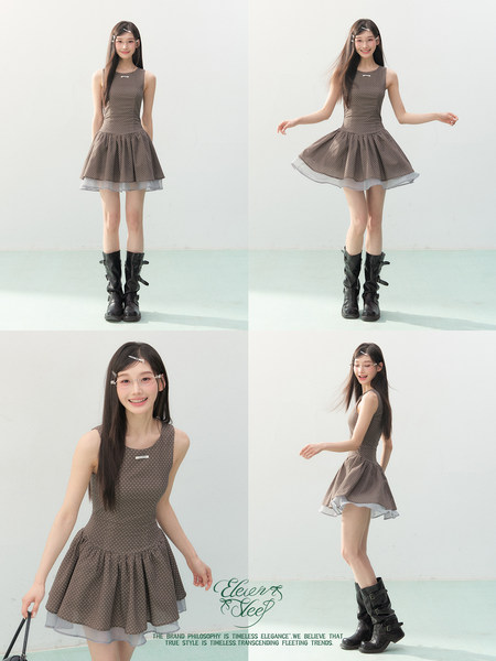 Sleeveless brown polka-dot dress worn by a model in multiple poses