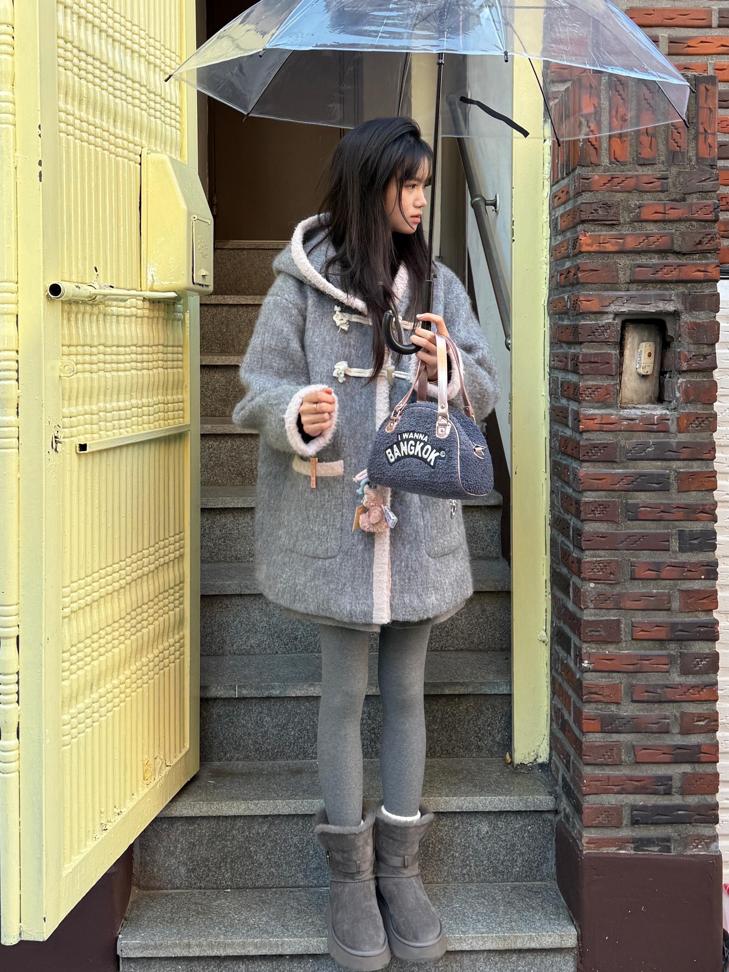 Winter Gray Cape Wool Woolen Outwear Women's Korean Style Simple Warm Horn Button Outwear