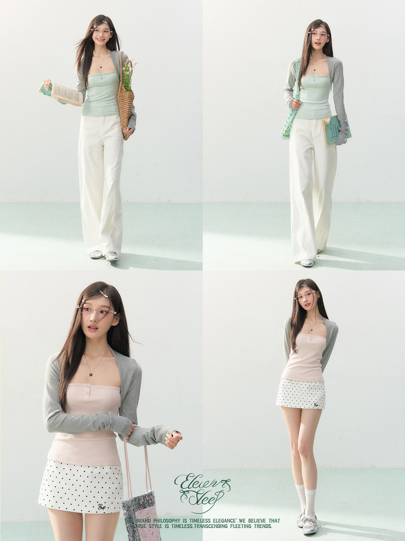Model wearing a pastel cardigan and camisole styled with skirt and pants