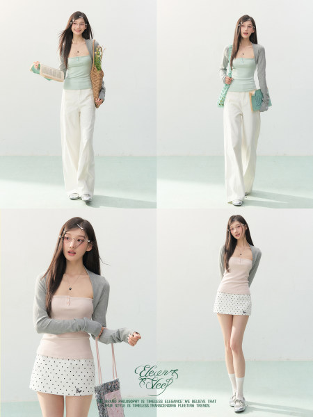 Model wearing a pastel cardigan and camisole styled with skirt and pants