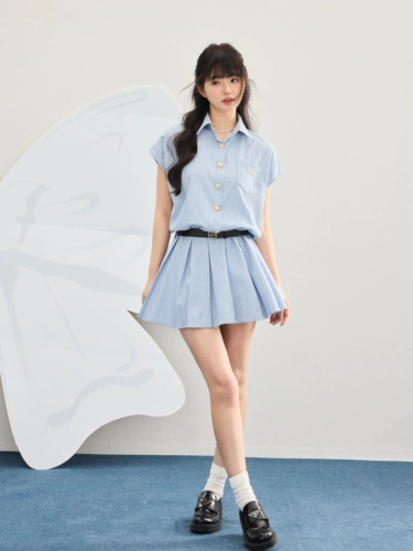 Летнее синее платье, юбка, воротник поло