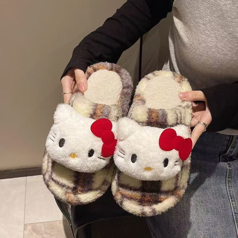 可爱条纹格kt猫棉拖秋冬加绒保暖