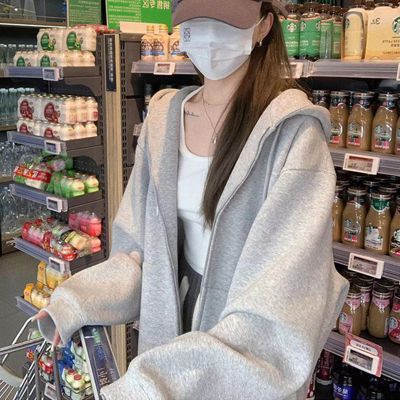灰色卫衣外套女春秋宽松连帽2024新款爆款百搭韩系慵懒风休闲开衫
