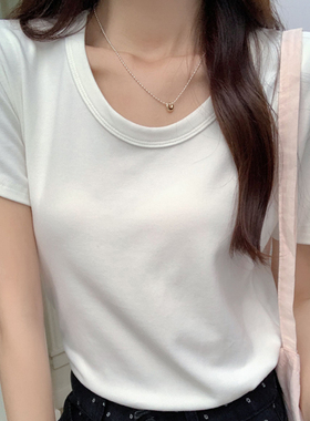 正肩纯色磨毛短袖t恤女春夏时尚百搭简约宽松白色圆领上衣打底衫