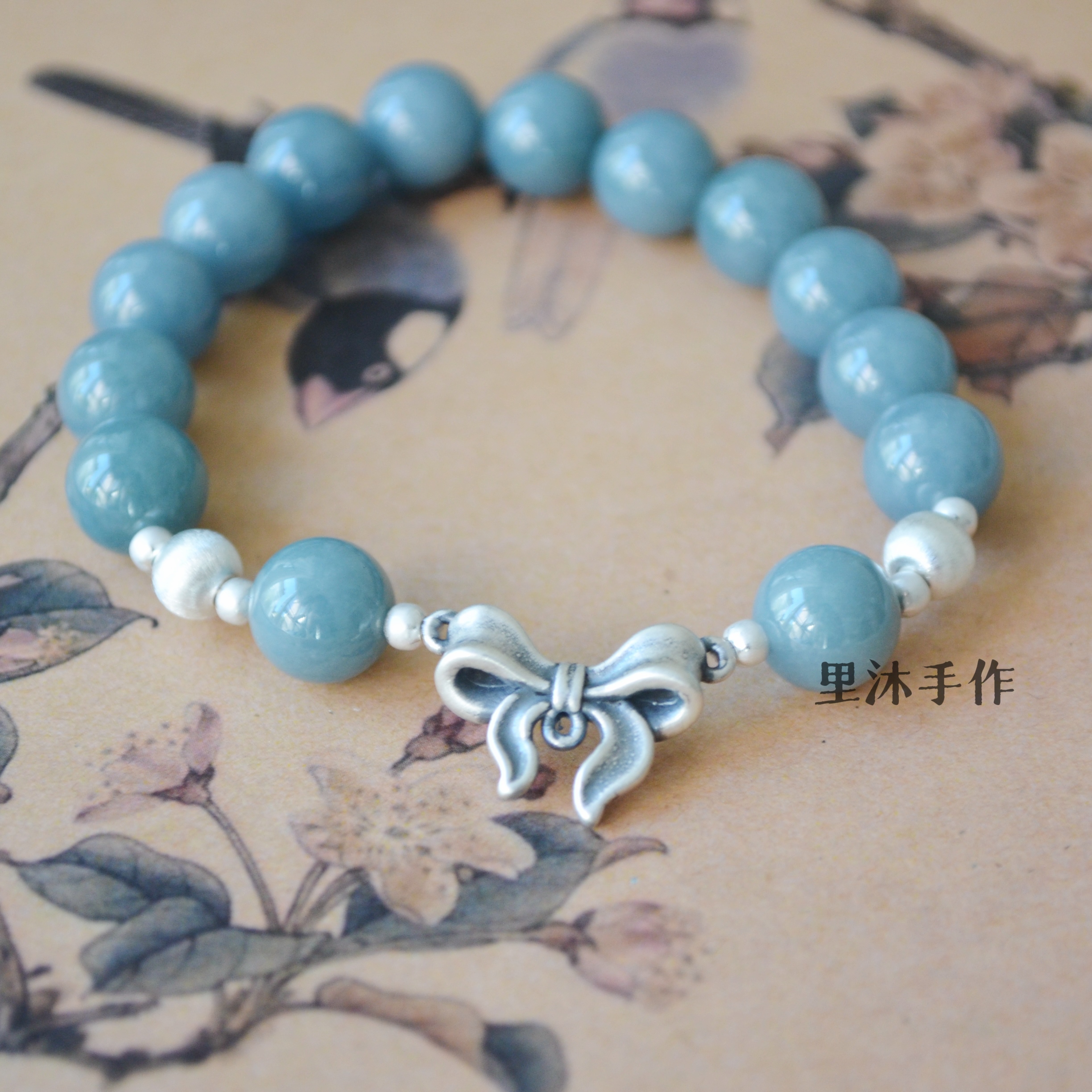 蓝翡翠银蝴蝶925银手串