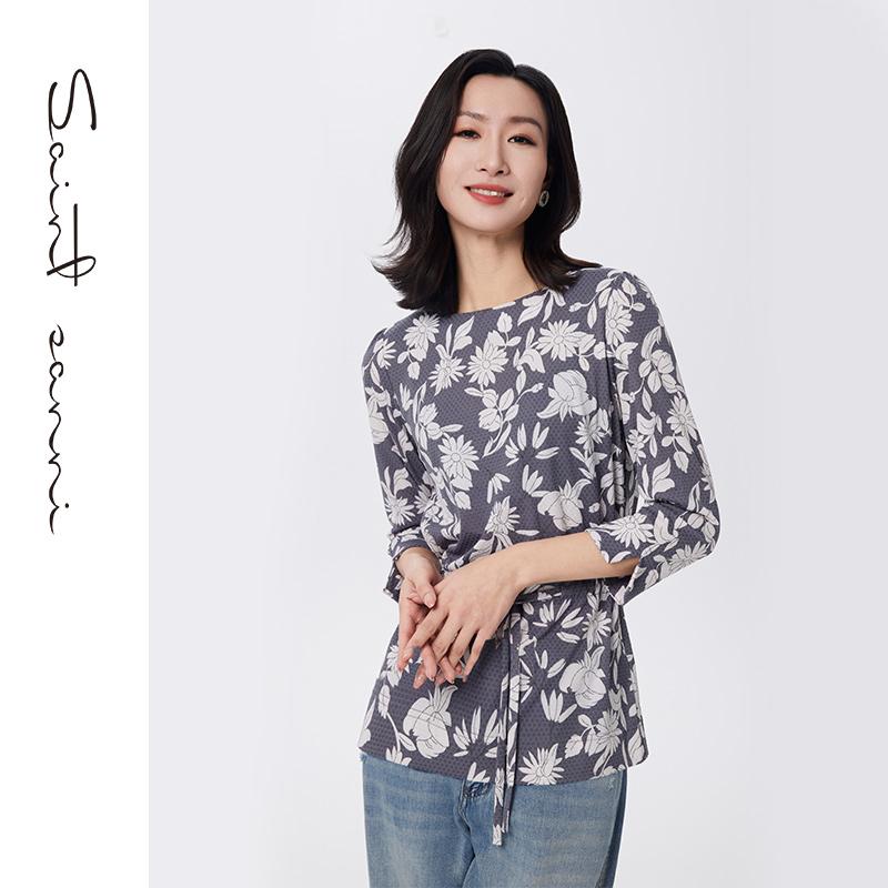 圣轩尼新品腰部抽绳短款套头花色时尚修身百搭圆领女士衬衫NH058