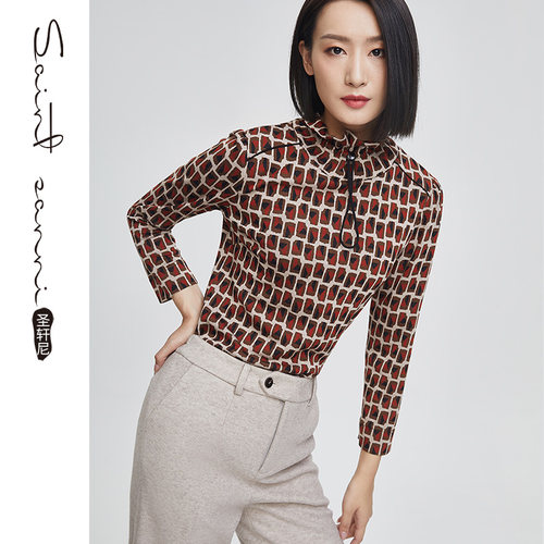 圣轩尼荷叶领小众设计印花衬衫女